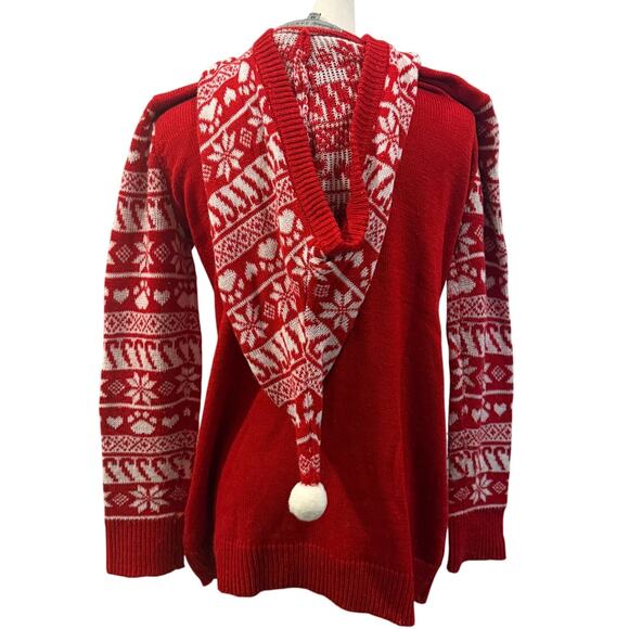 Santa Claws Cat Ugly Christmas Sweater Hoodie Red Sequin Holiday Knit Medium - Picture 2 of 10